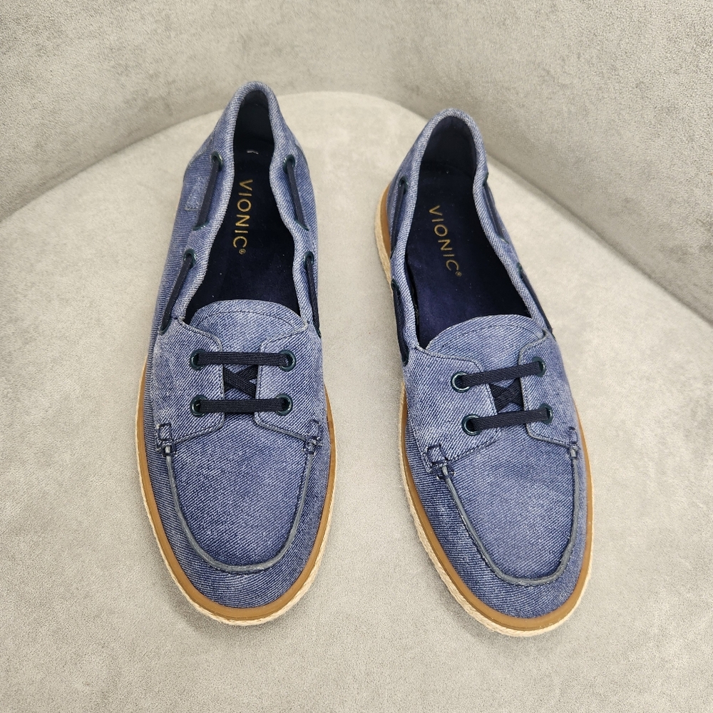 Vionic Loafers 8.5 Blue Denim Leather Bay Boat Shoes Jute Nautical Comfy New$131